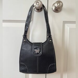 Black Leather Vintage Butterfly Shoulder Bag with Silver Details